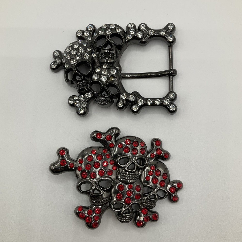 Qty (2) b.b. simon Red and White Skull Belt Buckles Black Chrome