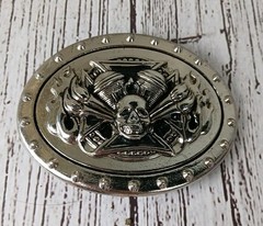 Belt Buckle Metal Motorcycle Skull Flames Mens Oval 3.5&Prime; x 2 5/8&Prime;