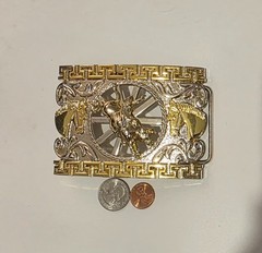 Vintage Metal Belt Buckle, Big Size, Brass and Silver, Bull Riding, Horses