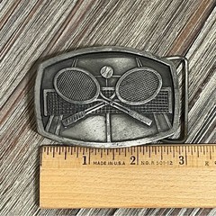 Tennis Rackets Belt Buckle Vintage 70s Indiana Metal Craft Pewter Crossing 1977