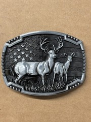 Belt Buckle Bronze Metal Deer Hunter Western USA Flag Background New