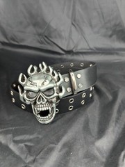 Silver Toned Skull Belt Buckle With Black Belt Size 42&prime;