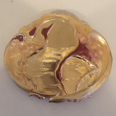 Charmant Belts, Inc. Gold Tone Red Enamel Abstract Metal Belt Buckle 1.5 in