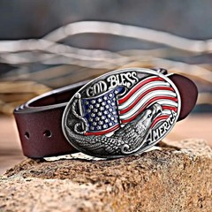 ‘God Bless America’ Eagle Sivertone Belt Buckle • Red White Blue American Flag