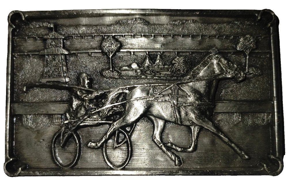 Vintage 1984 BERGAMOT BELT BUCKLE O-149 JOCKEY HORSE