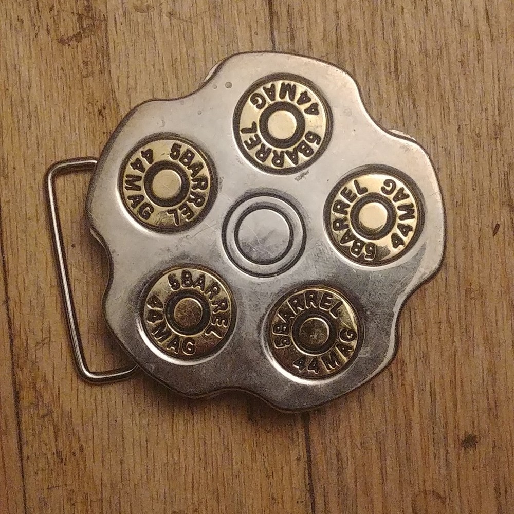 CLASSIC BELT BUCKLE RING OF BULLETS 44 MAGNUM GUN GOLD/SILVER TONE