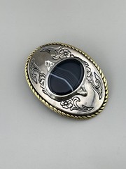 Black Banded Agate Western Belt Buckle Gold Rope Trim Floral Scroll