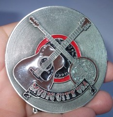 Music City USA Metal Belt Buckle By Jimm Watson Vintage Dated 1974 Record Guitar