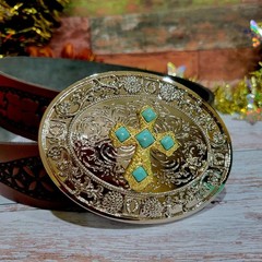 Cross Western belt Buckle Silver Oval Religious Gift Item With Blue Accents