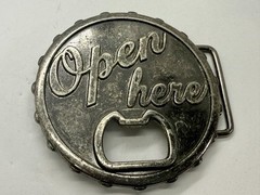 OPEN HERE Bar Party Pick Up Line Novelty Drinking Belt Buckle with Bottle Opener