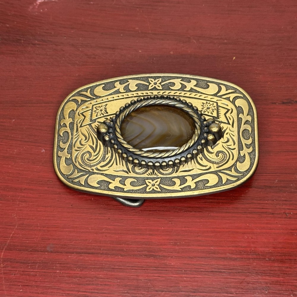 Western Belt Buckle Mens Brass Tone Brown Oval Agate Cabochon Scrollwork Cowboy
