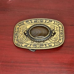 Western Belt Buckle Mens Brass Tone Brown Oval Agate Cabochon Scrollwork Cowboy