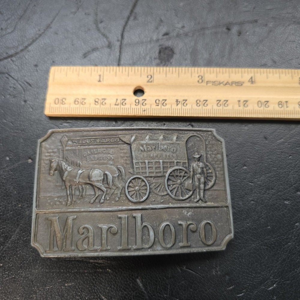 Vtg Marlboro Horse & Wagon Belt Buckle Wells Fargo Railroad Express Worn Rustic
