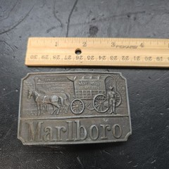 Vtg Marlboro Horse & Wagon Belt Buckle Wells Fargo Railroad Express Worn Rustic
