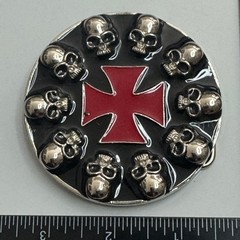 Round Skull Knights Templar Cross Belt Buckle Silver Tone Black Red Metal