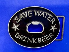 SAVE WATER DRINK BEER Novelty Black Enameled Belt Buckle with Bottle Opener