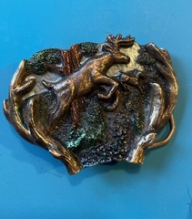 Leaping Buck & Doe Belt Buckle Brass & Enamel Stag Deer Great American Buckle Co