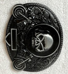 1999/Y2K Roses Motorcycle & Skull Distressed X3 Metal Belt Buckle Black Oval Vtg