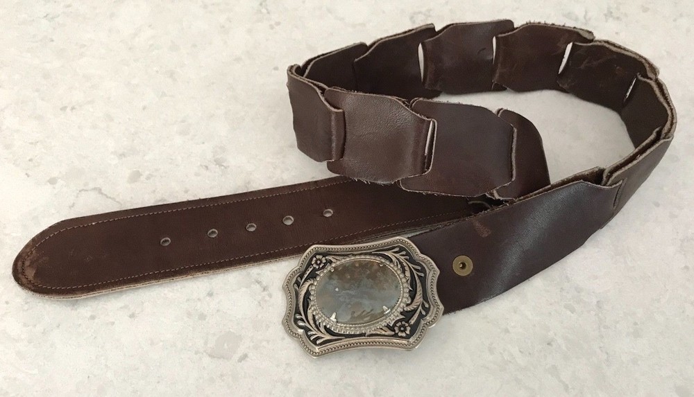VINTAGE Leather BELT & BUCKLE SILVER tooled BUCKLE large POLISHED Jasper STONE