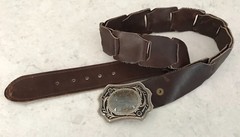 VINTAGE Leather BELT & BUCKLE SILVER tooled BUCKLE large POLISHED Jasper STONE