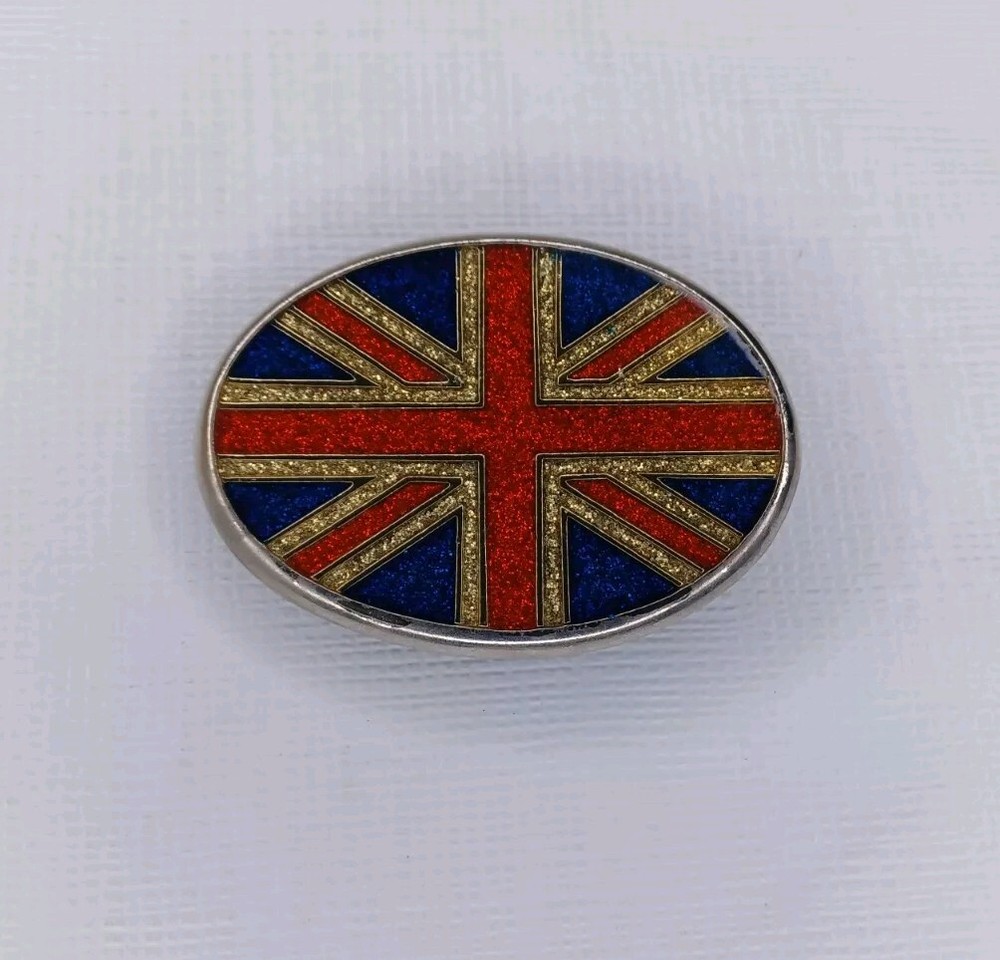 British Flag Belt Buckle Union Jack Glitter Enamel On Silver Tone Metal