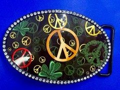 Peace Sign Symbol Four Leaf Clover with Clear Rhinestone Border Belt Buckle