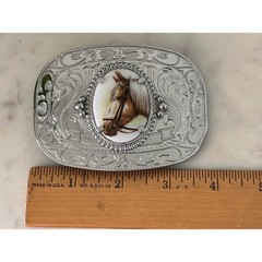 Vintage Western Horse Belt Buckle Silver Tone Engraved Floral Equestrian Oval