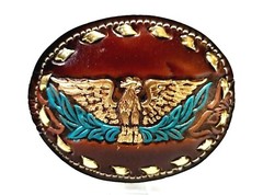 EAGLE Belt BUCKLE w/ GOLD BUCKSTITCHING Lg HANDMADE Brown LEATHER Western/Biker