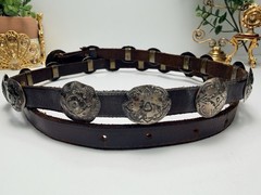 Vintage Native American Sterling Concho Belt Signed Hand Stamped Leather Long