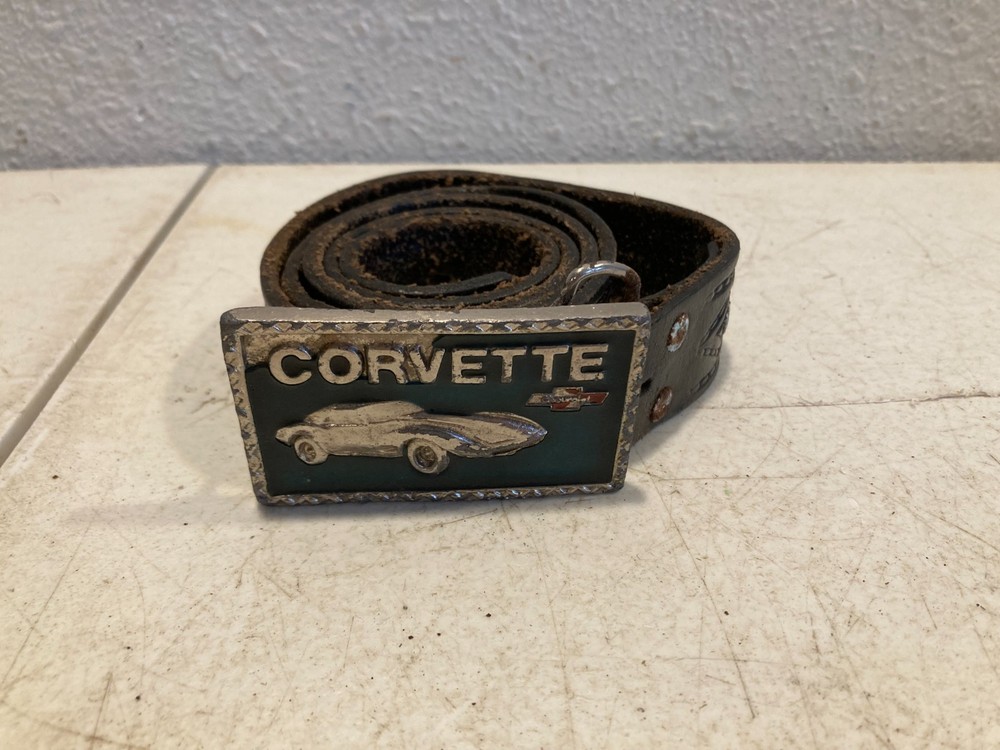 Vintage Corvette Leather Belt w/ Metal Car Belt Buckle Black Chevy Chevrolet
