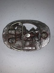 MEN&rsquo;S HEAVY PEWTER 1990 C + J INC DEER SCENE AND ANTLER BELT BUCKLE MADE IN USA