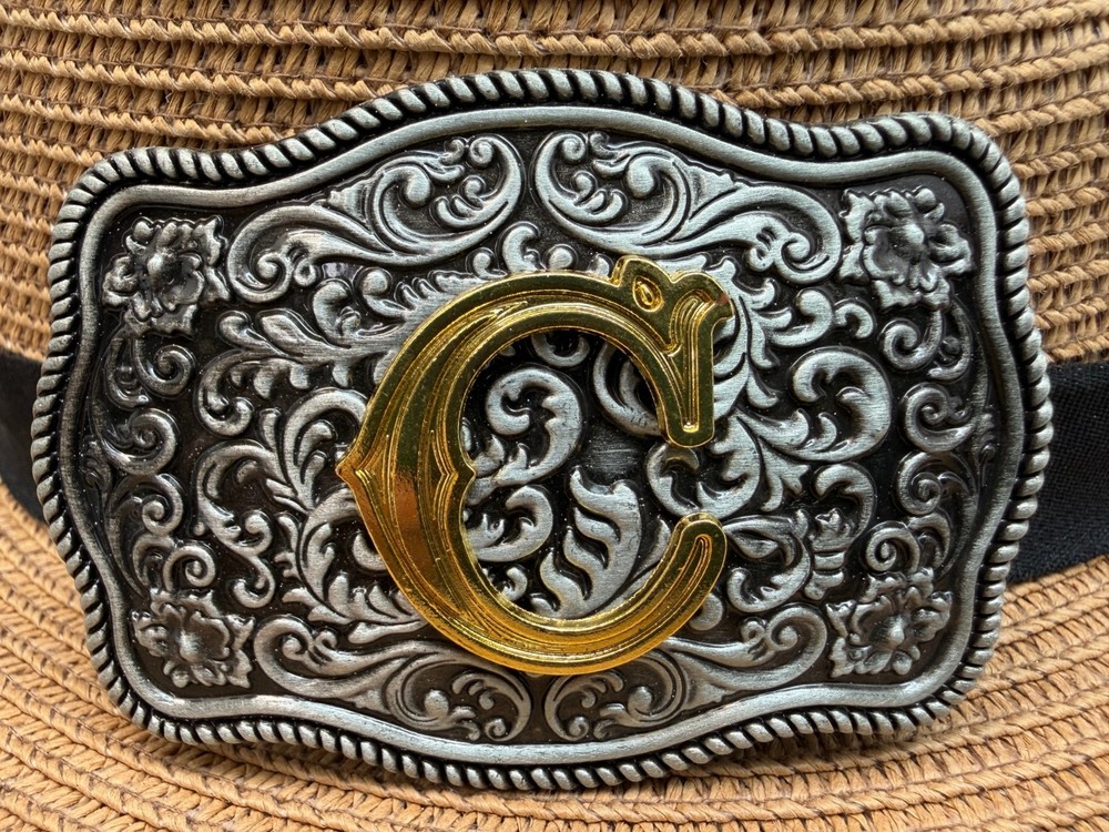 Antiqued Silver Gold Initial C Rectangle Western Cowboy Floral Vine Belt Buckle