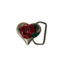 Vintage Heart Rose Belt Buckle Silver Tone Red Green Enamel Made in USA 1983