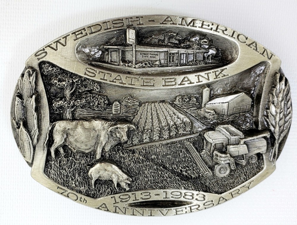 Siskiyou Farming Belt Buckle Swedish American State Bank 70th Anniversary