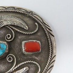 Al Joe Navajo Sterling Silver Turquoise Coral Belt Buckle Signed Artisan 76g