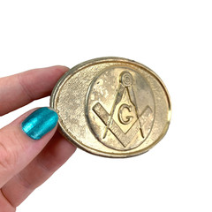 Vintage Masonic Compass G Symbol Gold Tone Oval Metal Belt Buckle