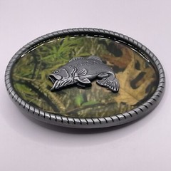 CAMO Big-Mouth Bass BELT BUCKLE Metal Western Fishing USA Camouflage Silver Tone