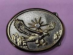 Patriotic American Eagle flying over Mountains w/ starburst Vintage belt buckle