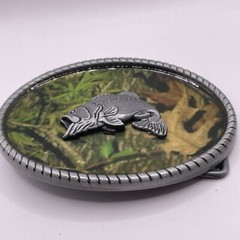 CAMO Big-Mouth Bass BELT BUCKLE Metal Western Fishing USA Camouflage Silver Tone