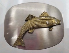 Brushed Metal Belt Buckle With A 3D Relief of a Striped Bass Made In USA