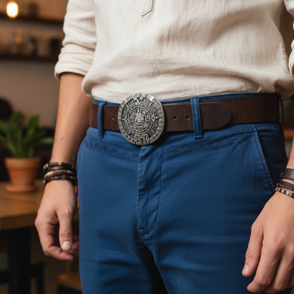 Men Women Belt Buckle Silver Metal Western Fashion Aztec Calendar Mayan Sunstone