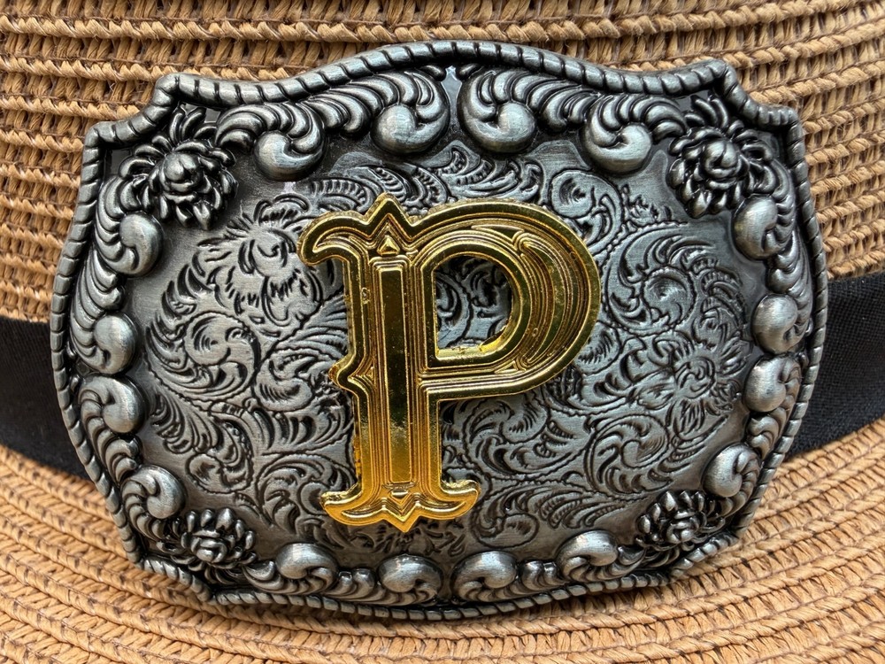 Antiqued Silver Gold Initial P Rectangle Western Cowboy Floral Vine Belt Buckle