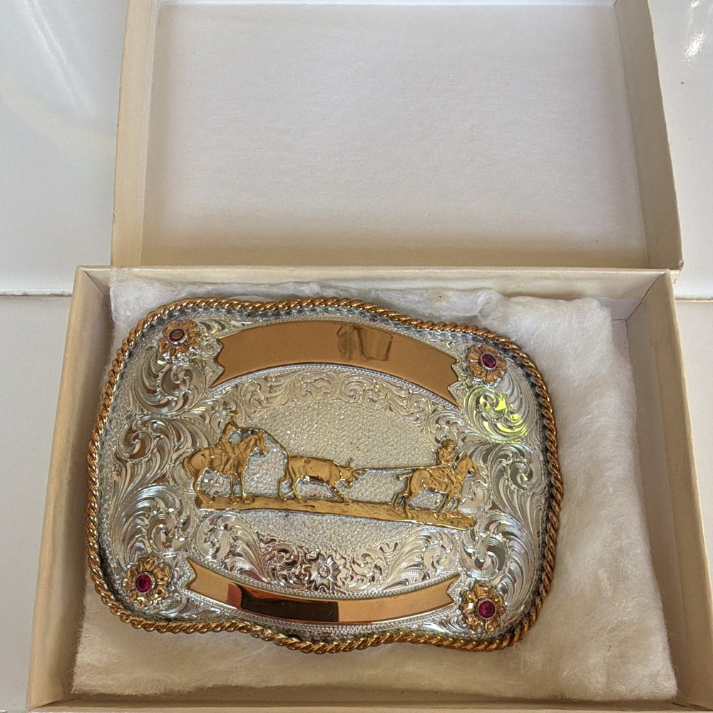 Montana Silversmiths Silver Plate Western Horse Belt Buckle Rope Edge 1.5in