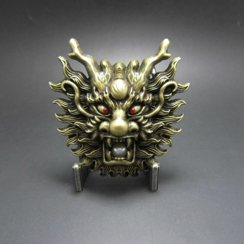 Bronze Plated Asian Chinese Dragon Head Pearl Metal Belt Buckle