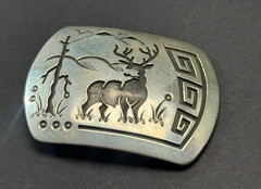 ROSCO SCOTT VINTAGE STERLING SILVER OVERLAY DEER BELT BUCKLE