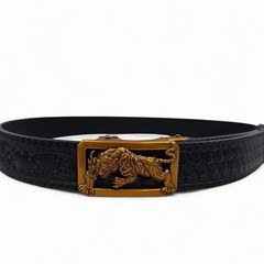 Black Embossed Tiger Buckle Belt Gold Statement Buckle