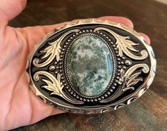 Green Stone Belt Buckle Western Silver Engraved Cowboy Rodeo Style Design