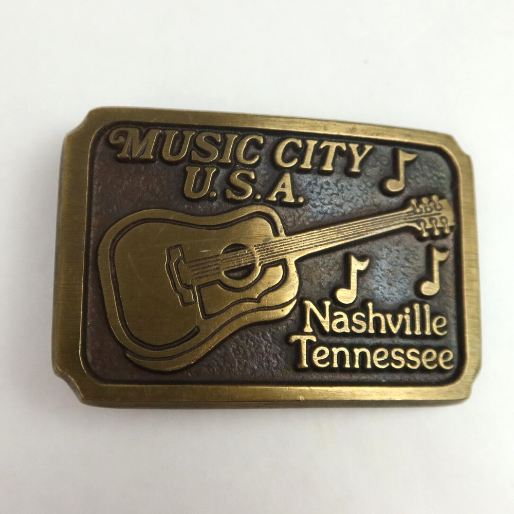 Vintage Nashville Tennessee Music City USA Belt Buckle Guitar Music Notes Brass