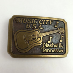 Vintage Nashville Tennessee Music City USA Belt Buckle Guitar Music Notes Brass