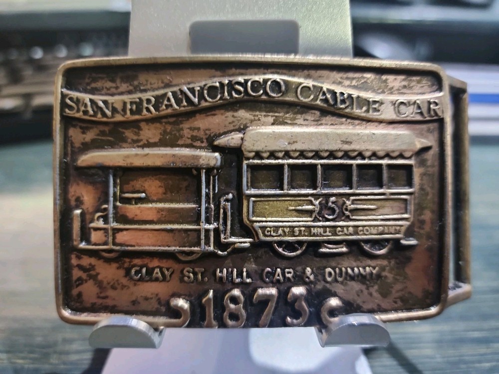 Vintage Brass Belt Buckle San Francisco Cable Car Clay St Hill Car & Dummy 1873